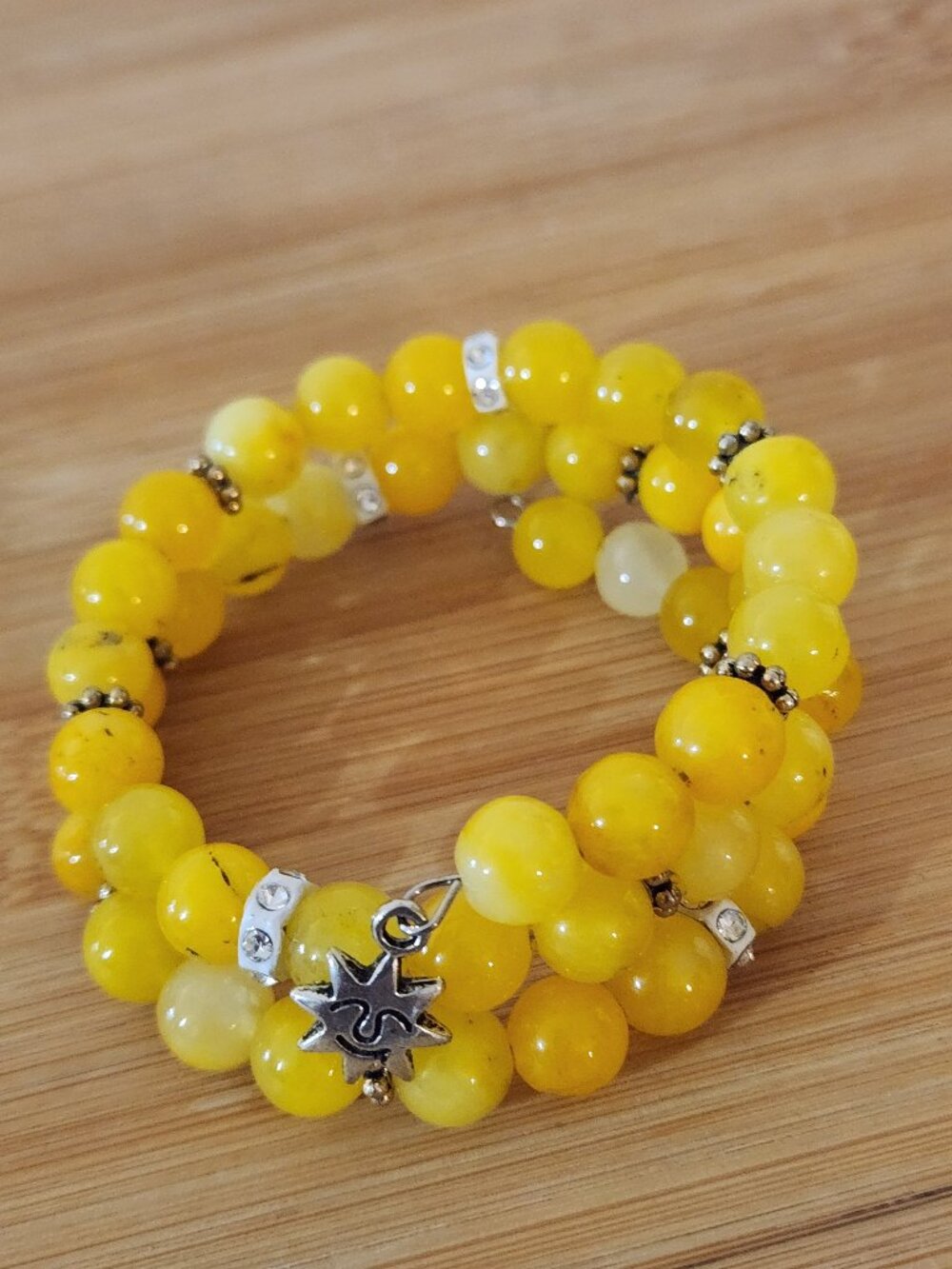 Hand Crafted Yellow Gemstone Beaded Wrap Bracelet with Sun Charm White